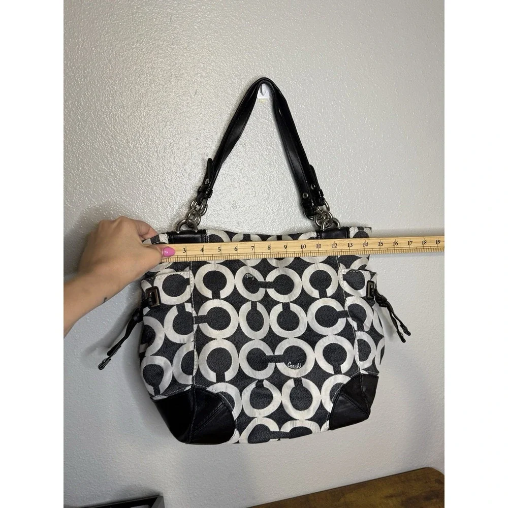Coach Signature Op Art Draw String Sides Hobo Handbag Black‎ White 14573